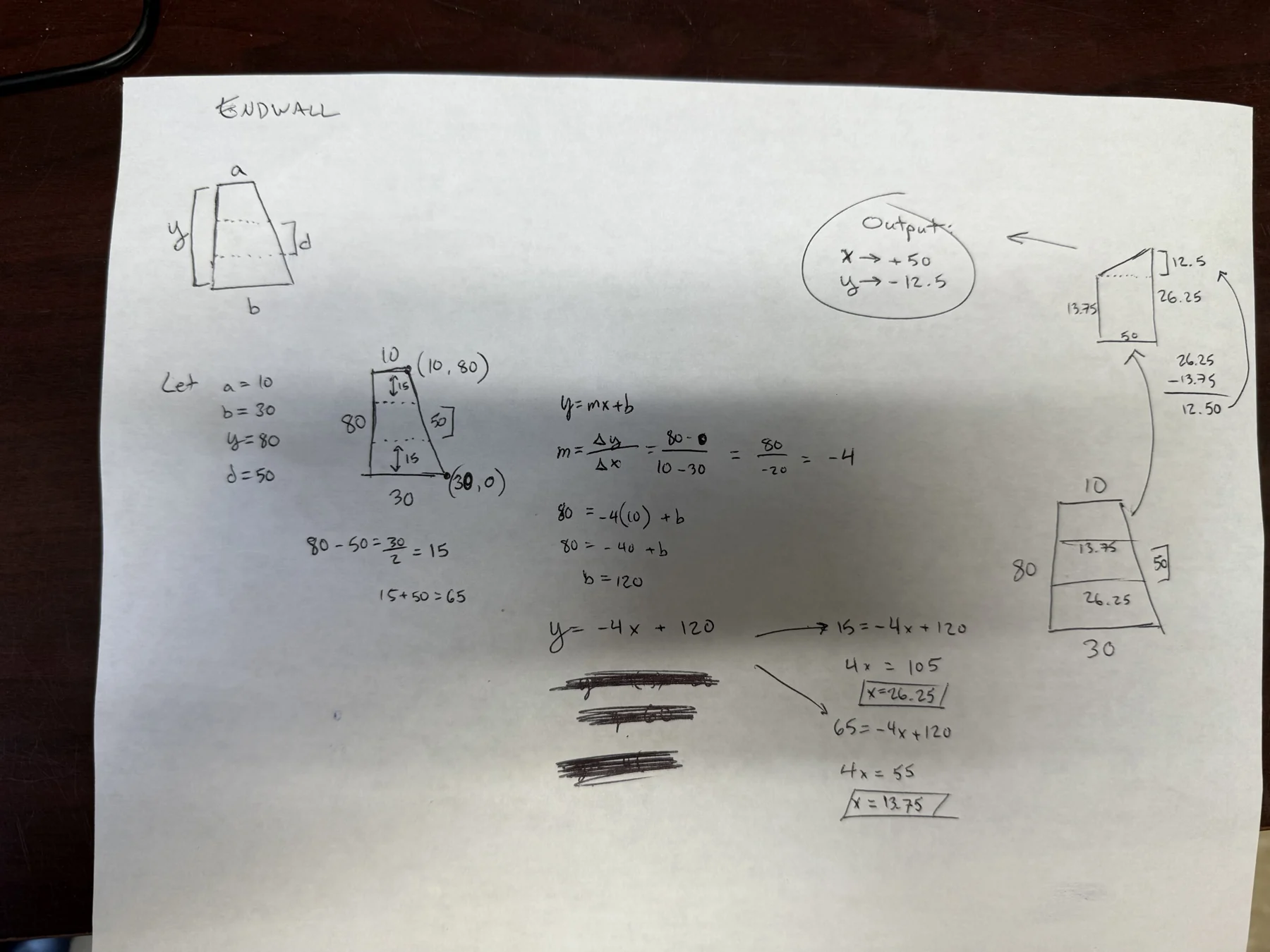 Hand calculations and sketches previously used to prepare an endwall foam cut