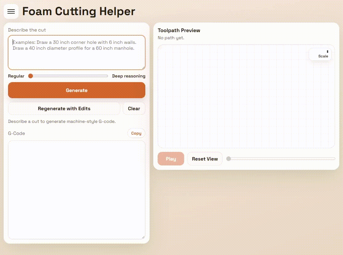 Screen recording of the Foam Cutting Helper generating G-code and a toolpath from a natural-language description