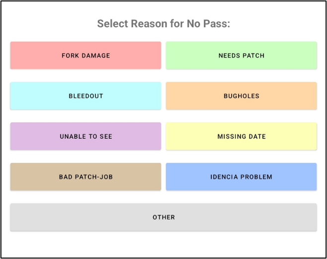 Android DOT inspection app showing standardized reasons for a product not passing inspection