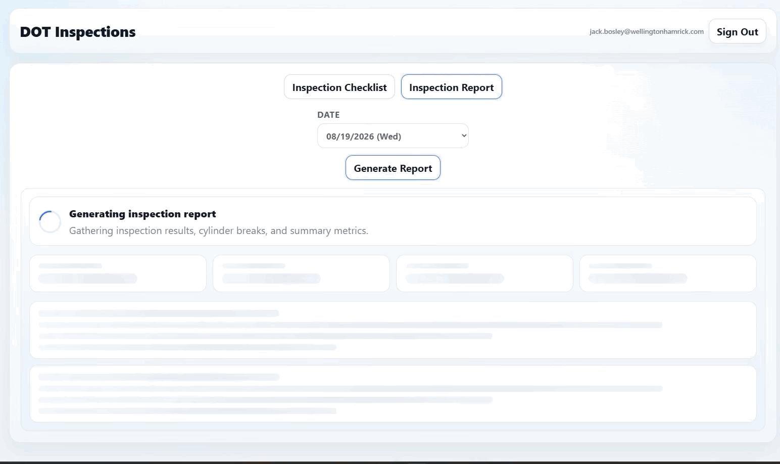 Animated DOT inspection dashboard showing products and pass or fail status