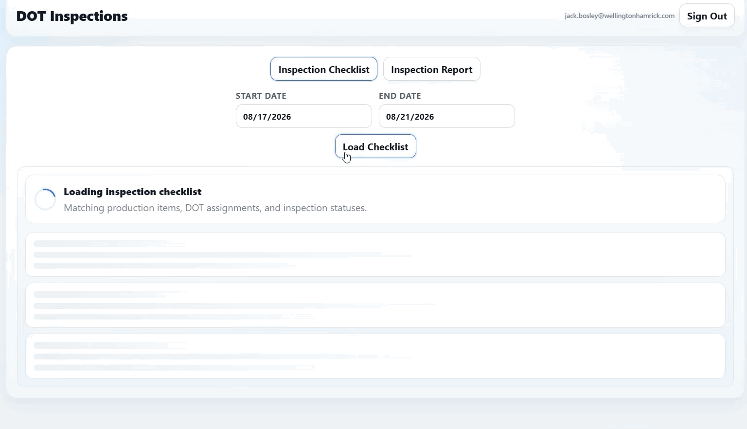 Animated DOT production dashboard showing inspection status by date